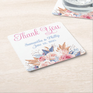 Posavasos Cuadrado De Papel Gracias a la boda de montaña rusa favor azul rosa