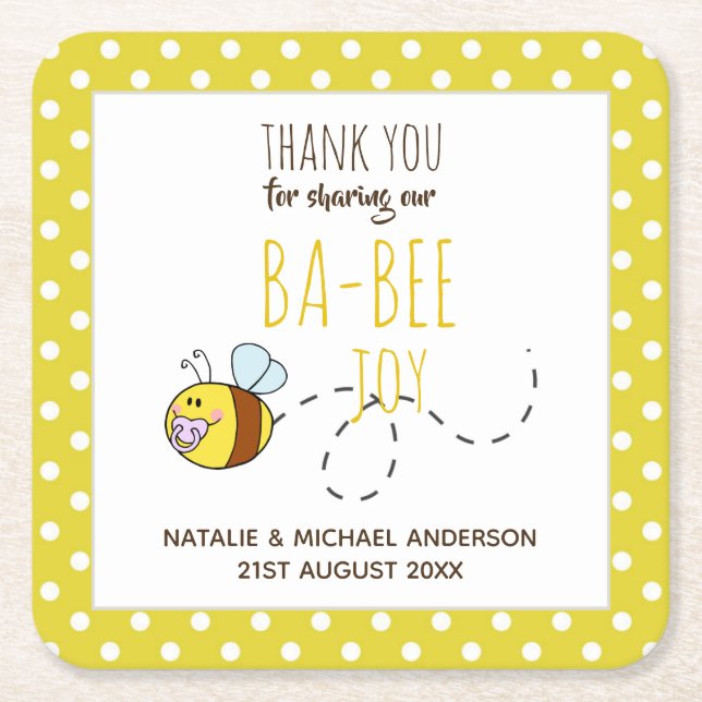 Posavasos Cuadrado De Papel Gracias BA-BEE Baby Shower Yellow Polkadot (Anverso)