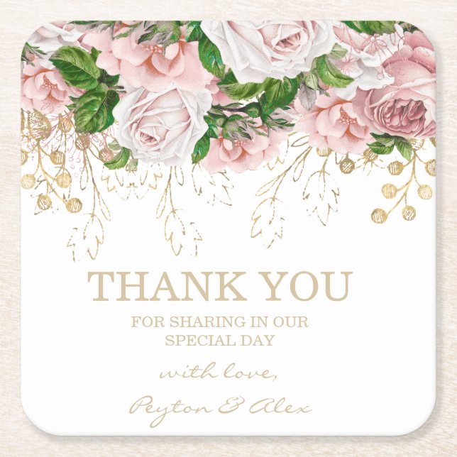 Posavasos Cuadrado De Papel Gracias Recepción Boda Flores Rosa Rubor (Anverso)