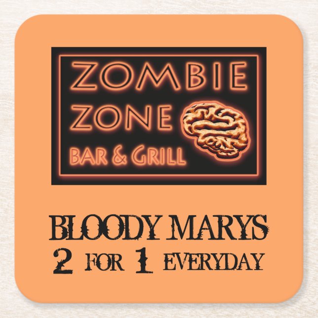 Posavasos Cuadrado De Papel Graciosa Halloween Zombie Zone Bloody Marys (Anverso)