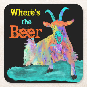 Posavasos Cuadrado De Papel Gracioso arte colorido gritando Goat Beer Pun