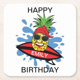 Posavasos Cuadrado De Papel Gracioso Birthday Surfing Pineapple