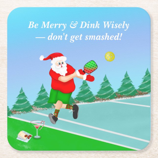 Posavasos Cuadrado De Papel Gracioso Santa Jugando Pellebol, Feliz Voley Xmas (Anverso)