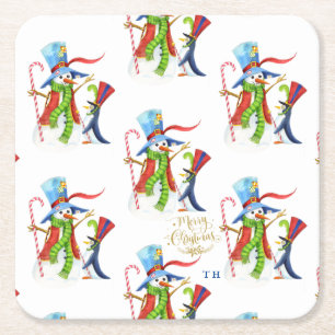 Posavasos Cuadrado De Papel Gracioso Snowman Penguin Gold Purpurina Feliz Navi