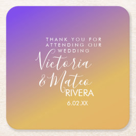 Posavasos Cuadrado De Papel Gradiente Ombre Púrpura Amarillo Atardecer Boda  