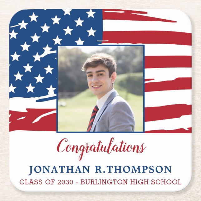 Posavasos Cuadrado De Papel Graduación de Bandera Americana Militar Patriótica (Anverso)