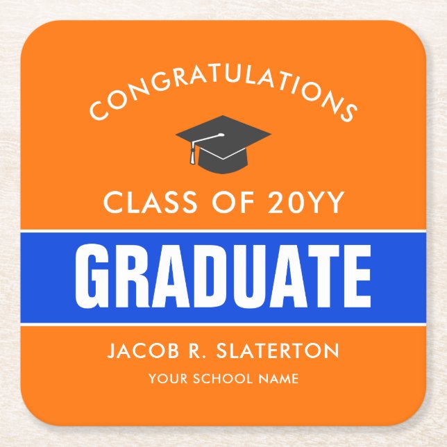 Posavasos Cuadrado De Papel Graduación de naranja y Personalizado azul (Anverso)
