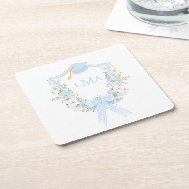 Posavasos Cuadrado De Papel Graduación en Monograma Preppy Southern Gingham (En perspectiva)