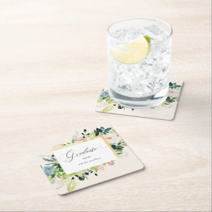 Posavasos Cuadrado De Papel Graduación floral de Rubor azul medianoche