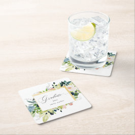 Posavasos Cuadrado De Papel Graduación floral de Rubor azul medianoche