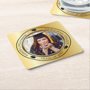 Posavasos Cuadrado De Papel Graduación Foto Oro Tone Grad Clase Año