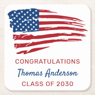 Posavasos Cuadrado De Papel Graduación militar patriótica de bandera estadou
