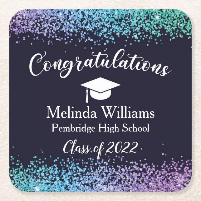 Posavasos Cuadrado De Papel Graduación morado y azul negro (Anverso)
