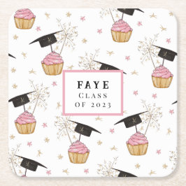 Posavasos Cuadrado De Papel Graduación Pastel Rosa Personalizado