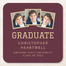 Posavasos Cuadrado De Papel Graduado 2025 3-Photo Burgundy Gold