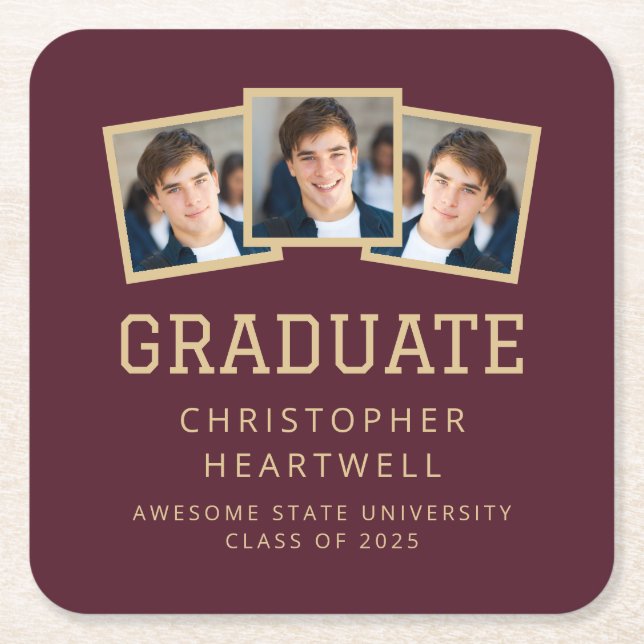Posavasos Cuadrado De Papel Graduado 2025 3-Photo Burgundy Gold (Anverso)