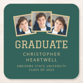 Posavasos Cuadrado De Papel Graduado 2025 3-Photo Green Gold