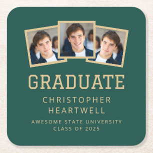 Posavasos Cuadrado De Papel Graduado 2025 3-Photo Green Gold