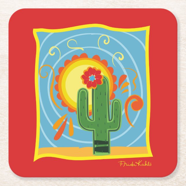 Posavasos Cuadrado De Papel Gráfico de Frida Kahlo Cactus (Anverso)