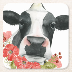 Posavasos Cuadrado De Papel Granja de amapola - Vaca con flores