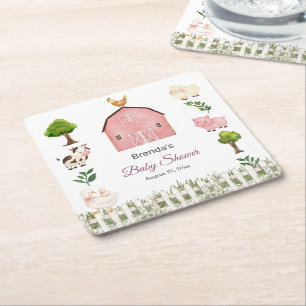 Posavasos Cuadrado De Papel Granja de animales en acuarela Baby Shower