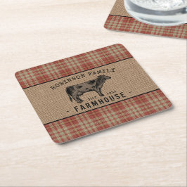 Posavasos Cuadrado De Papel Granja de familia Rústica Vaca Red Plaid Burlap