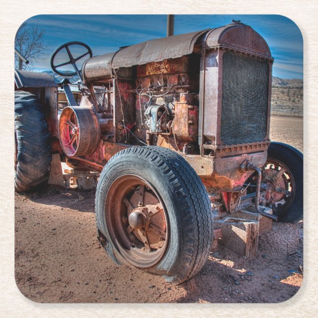 Posavasos Cuadrado De Papel Granjas | Rusty Antique Tractor (Anverso)