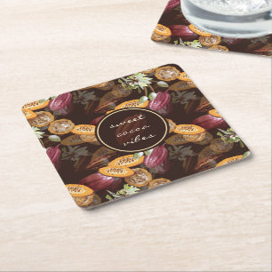 Posavasos Cuadrado De Papel Granos y flores de cacao, patrón de chocolate