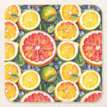 Posavasos Cuadrado De Papel Grapefruit, extremidades y cítricos de lémones<br><div class="desc">Un patrón de ilustracion acuático ai de limones,  limas y pomelos. Jugoso cítrico en la montaña de papel verde de coral,  amarillo y lima.</div>