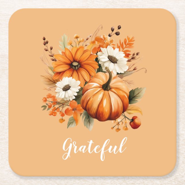 Posavasos Cuadrado De Papel Grateful Autumn Floral Pumpkin Orange Square (Anverso)