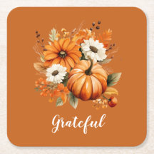 Grateful Autumn Floral Pumpkin Red Square