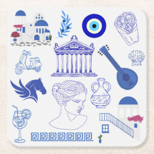 Posavasos Cuadrado De Papel Grecia Azul y Blanco