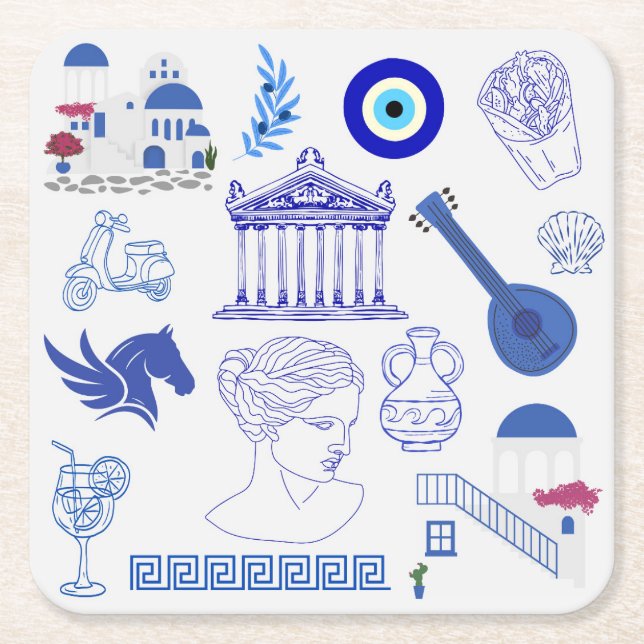 Posavasos Cuadrado De Papel  Greece Blue and White (Anverso)