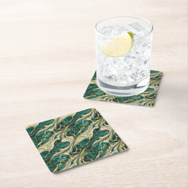 Posavasos Cuadrado De Papel Green and gold marble design coasters (In situ)