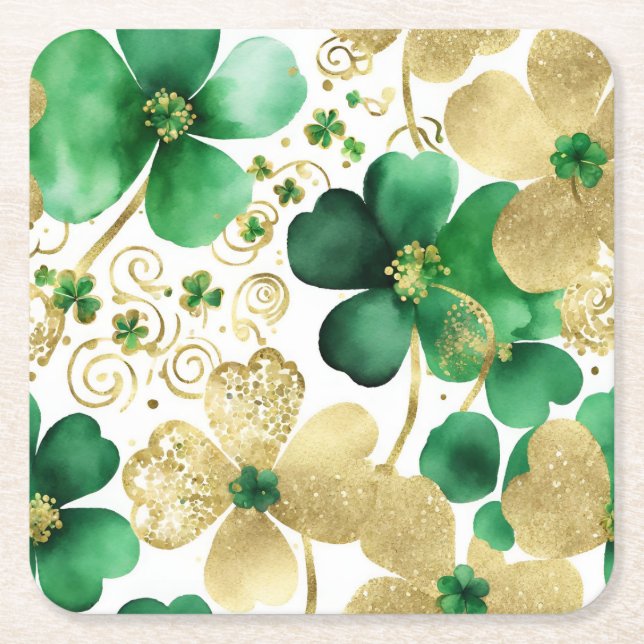 Posavasos Cuadrado De Papel Green and Gold St Patrick's Day Shamrock (Anverso)