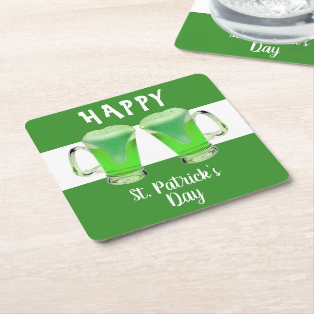 Posavasos Cuadrado De Papel Green Beer Glass Happy St. Patrick's day Fiesta (En perspectiva)