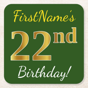 Posavasos Cuadrado De Papel Green, Faux Gold 22nd Birthday + Nombre personaliz