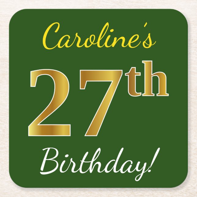 Posavasos Cuadrado De Papel Green, Faux Gold 27th Birthday + Custom Name (Anverso)