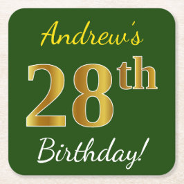 Posavasos Cuadrado De Papel Green, Faux Gold 28th Birthday + Custom Name