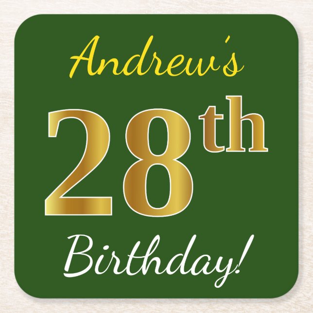 Posavasos Cuadrado De Papel Green, Faux Gold 28th Birthday + Custom Name (Anverso)