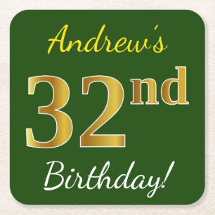 Posavasos Cuadrado De Papel Green, Faux Gold 32nd Birthday + Custom Name