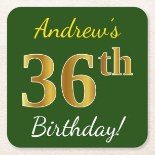 Posavasos Cuadrado De Papel Green, Faux Gold 36th Birthday + Custom Name