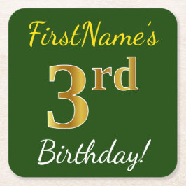 Posavasos Cuadrado De Papel Green, Faux Gold 3Birthday + Custom Name