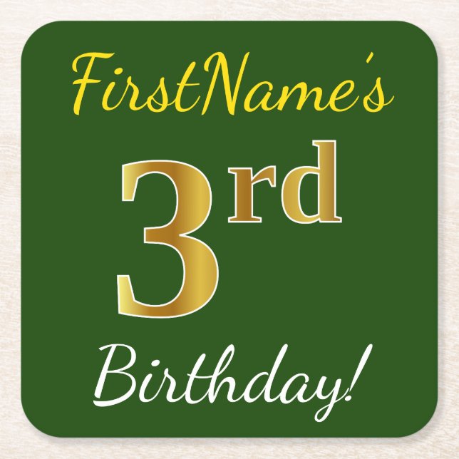 Posavasos Cuadrado De Papel Green, Faux Gold 3Birthday + Custom Name (Anverso)