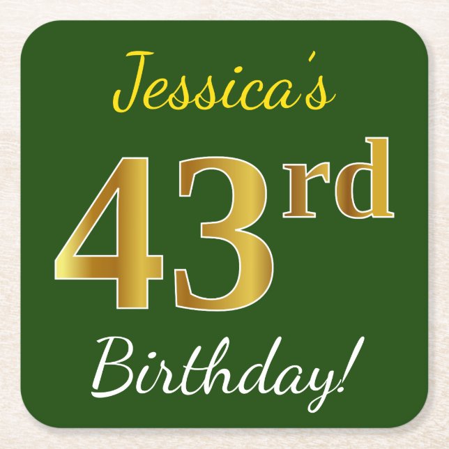 Posavasos Cuadrado De Papel Green, Faux Gold 43rd Birthday + Custom Name (Anverso)