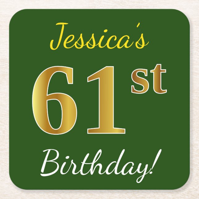 Posavasos Cuadrado De Papel Green, Faux Gold 61st Birthday + Custom Name (Anverso)