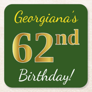 Posavasos Cuadrado De Papel Green, Faux Gold 62nd Birthday + Custom Name