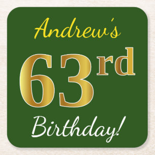 Posavasos Cuadrado De Papel Green, Faux Gold 63rd Birthday + Custom Name
