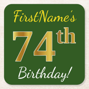Posavasos Cuadrado De Papel Green, Faux Gold 74th Birthday + Custom Name