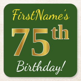 Posavasos Cuadrado De Papel Green, Faux Gold 75th Birthday + Custom Name